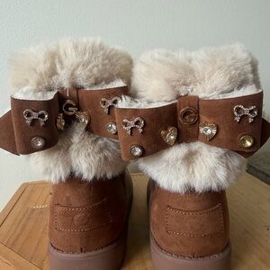 Faux Fur Trim Brown Winter Booties with Bow & Jewel Accents